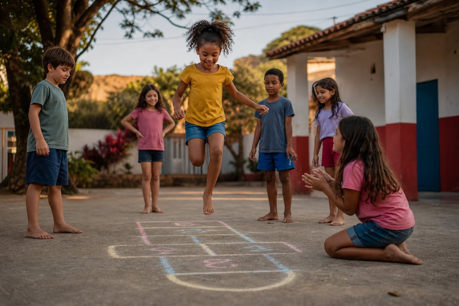 Crianças brincando de amarelinha em um pátio